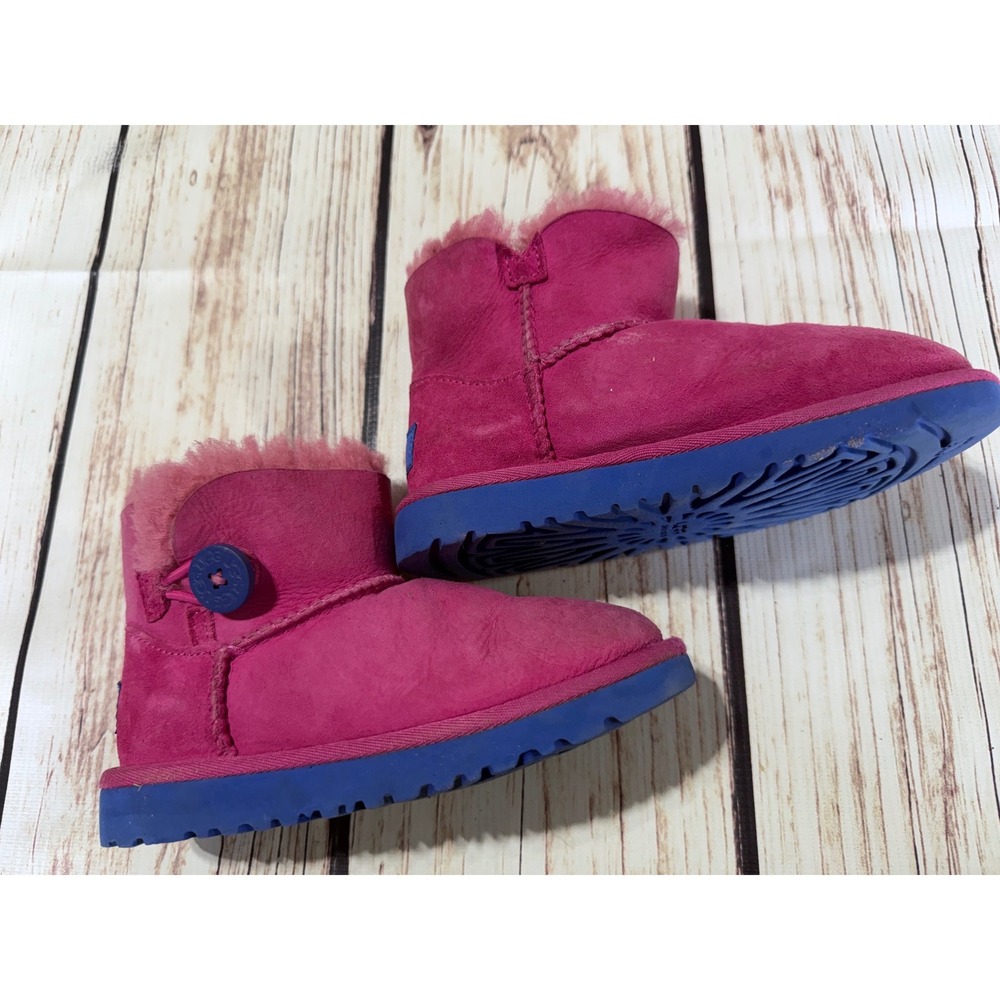 UGG Australia Bailey Button Pink Blue Suede Sheepskin Boots Kids Size 12